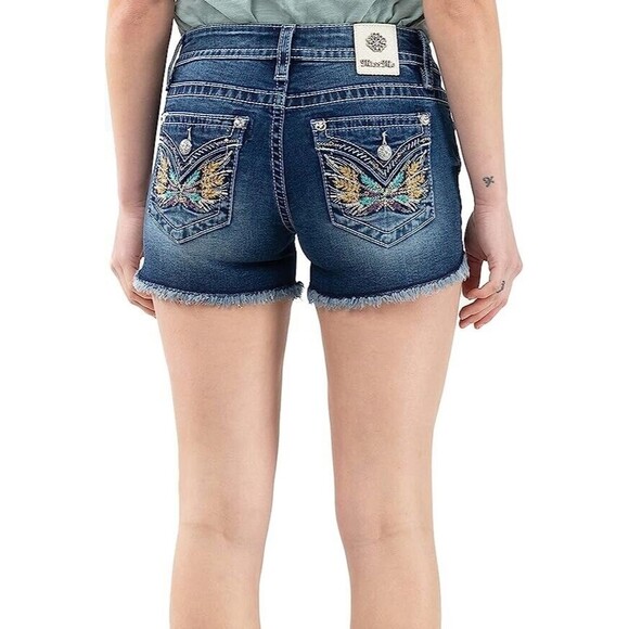 Miss Me Mid Rise Shorts Blue Embellished Jade Wing Raw Hem 24 - Picture 1 of 9